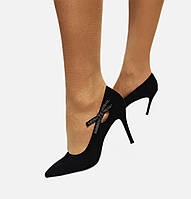 Туфлі замшеві човники чорні на шпильці бант 37 38