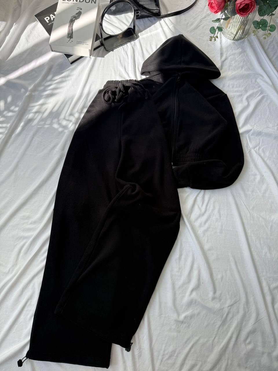 Жіночий базовий теплий осінній об'ємний костюм двійка кофта худі на блискавці штани на затяжках фліс полар, фото 1