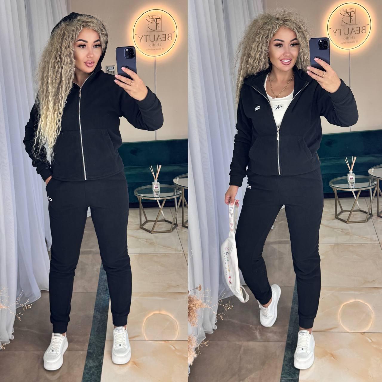 Жіночий теплий м'який флісовий осінній костюм alo кофта блискавка штани манжет двосторонній щільний фліс полар, фото 1