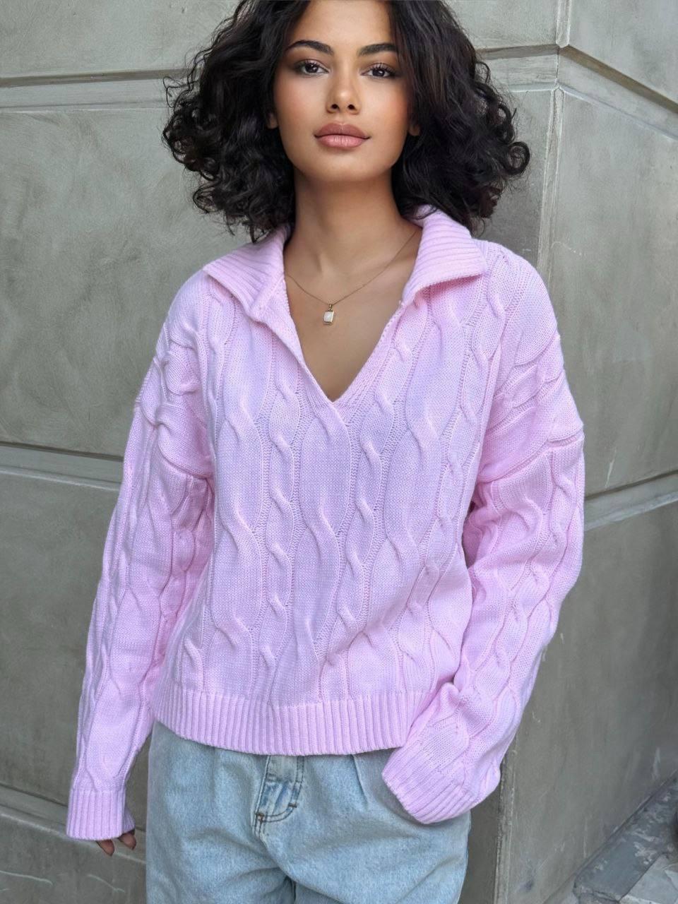 Жіночий теплий светр із коміром-поло та в'язкою косичка (р. 42-46) 55043442, фото 1