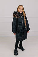 Тепла зимова подовжена куртка чорного кольору на дівчинку.