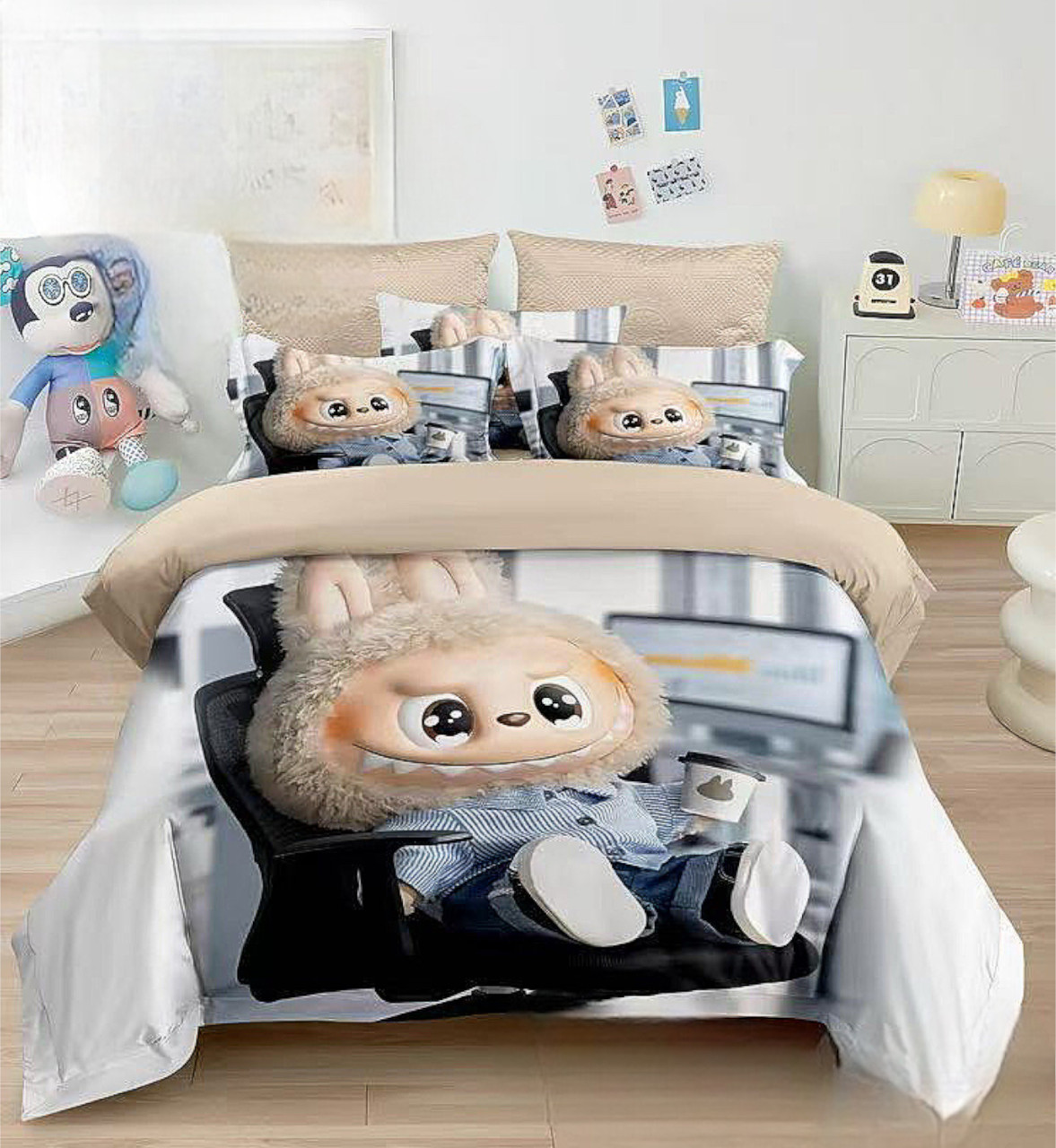 Дитяча фланелева полуторна постільна білизна з Лабубу, фото 1