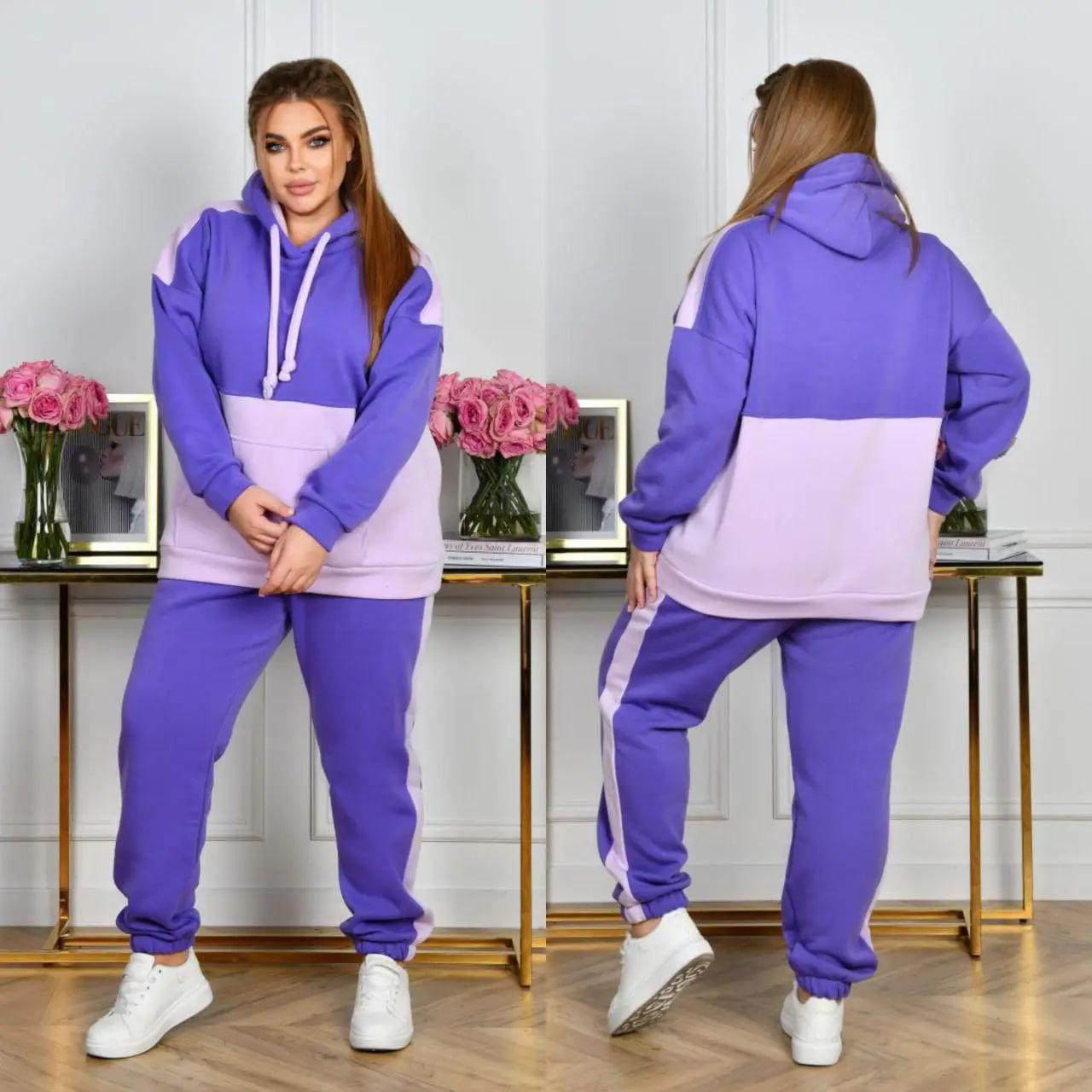 Зимовий осінній спортивний костюм жіночий великого розміру теплий тринитка на флісі з капюшоном, фото 1