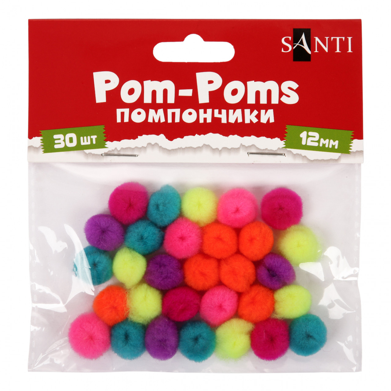 Помпони Santi неонові кольори асорті акрил d-12мм 30шт/уп 955451