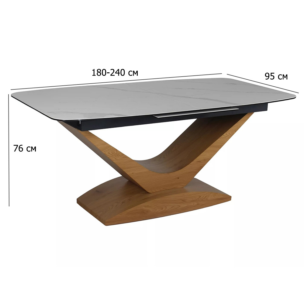Розкладний керамічний стіл Dolce 180-240х95 см під білий мармур на ніжці кольору дуб, фото 1