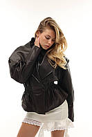 Жіноча демісезонна шкіряна куртка із широким відкладним коміром Gm2767 Чорний, S