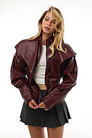 Жіноча демісезонна шкіряна куртка із широким відкладним коміром Gm2767 Бордовий, М