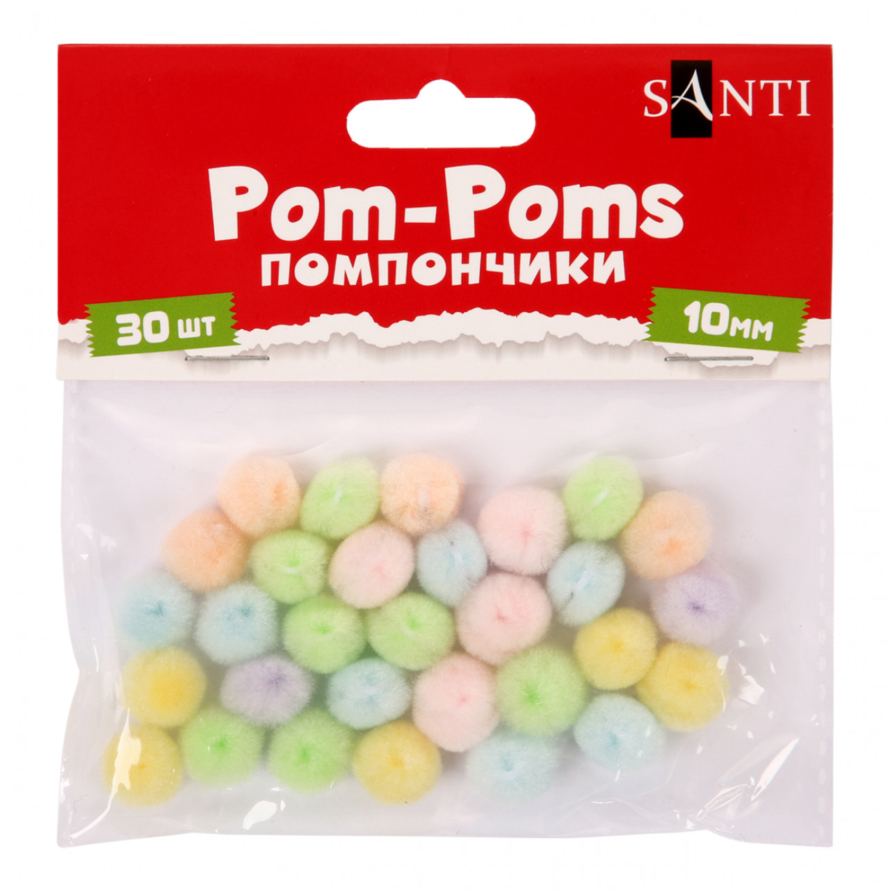 Помпони Santi пастельні кольори асорті акрил d-10мм 30шт/уп 955452