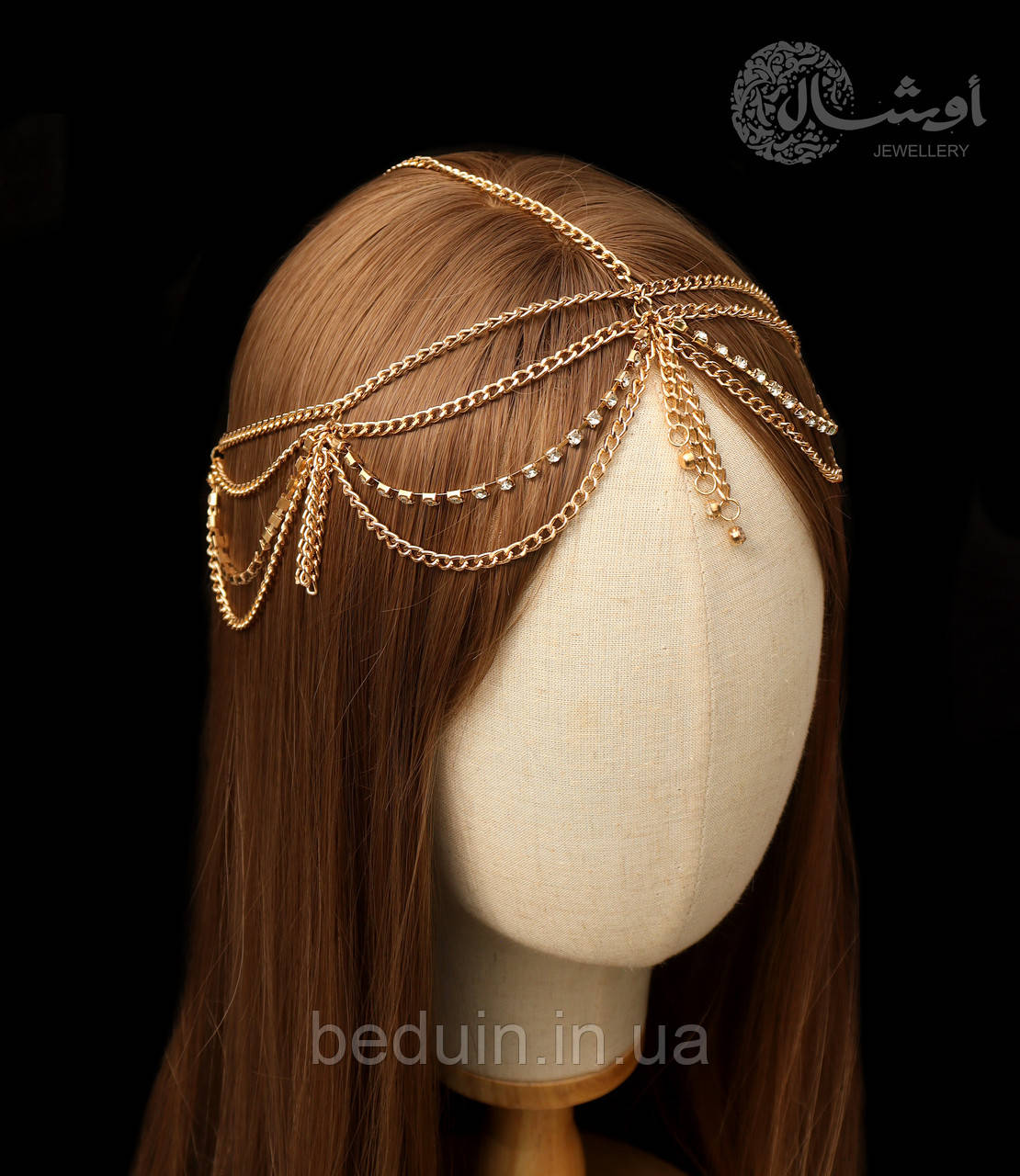 Розкішна ланцюгова тіара, прикраса на голову "Ніфертиті" тика — золотиста Aushal Jewellery