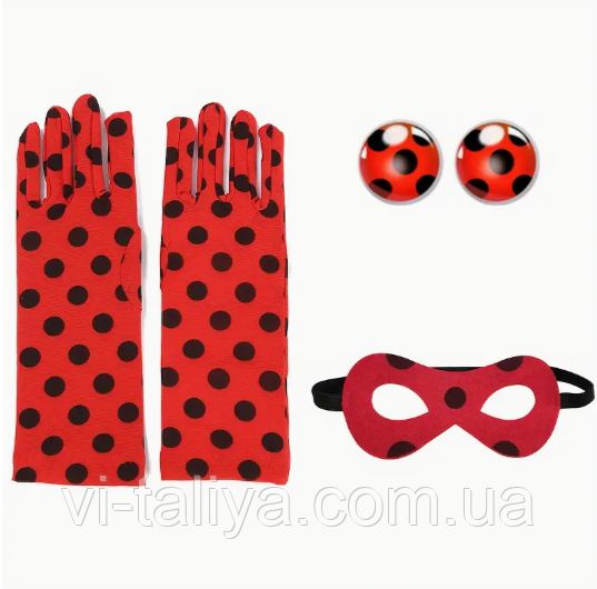 Маска, рукавички і сережки Леді Баг, набір божья корівка, фото 1