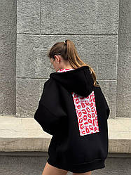 Чорна жіноча утеплена кофта худі оверсайз із тринитки на флісі з капюшоном та якісним накатом