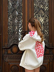 Молочна жіноча утеплена кофта худі оверсайз із тринитки на флісі з капюшоном та якісним накатом