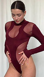 Бордове красиве ефектне боді облягаюче з довгими рукавами з мікродайвінгу зі вставками з сітки