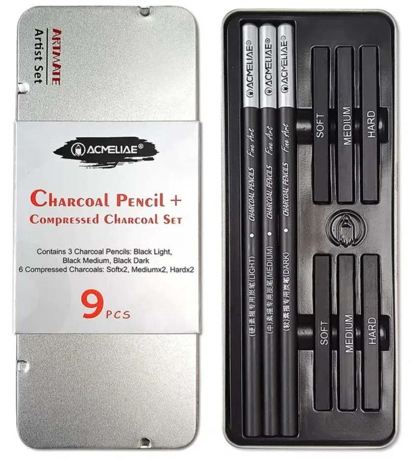 Набір вугільних олівців 3шт графітові стіки 6шт метал. пенал Acmeliae