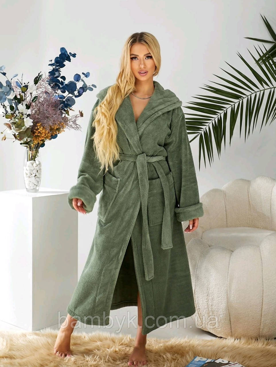 Теплий махровий халат з капюшоном жiночий мікрофібра довгий Bellezza