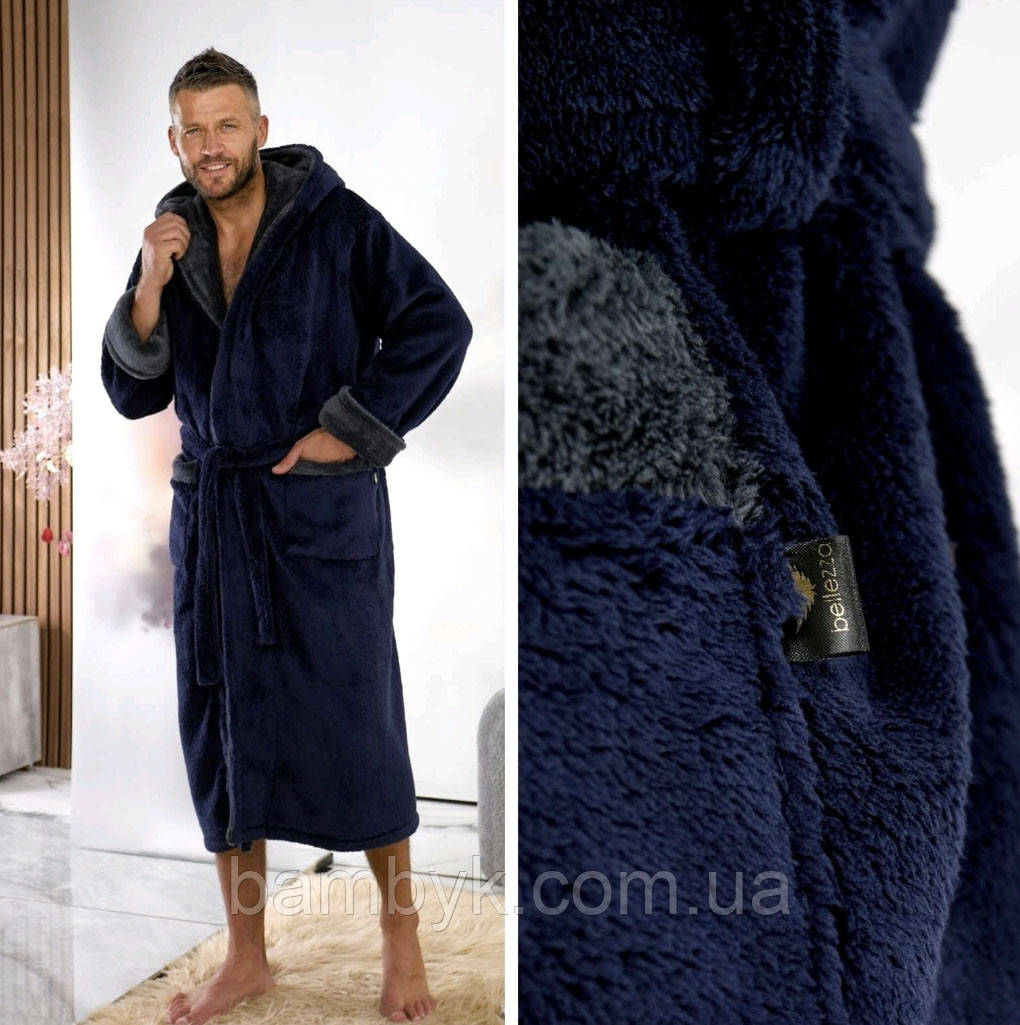 Теплий махровий халат з капюшоном чоловічий мікрофібра довгий Bellezza