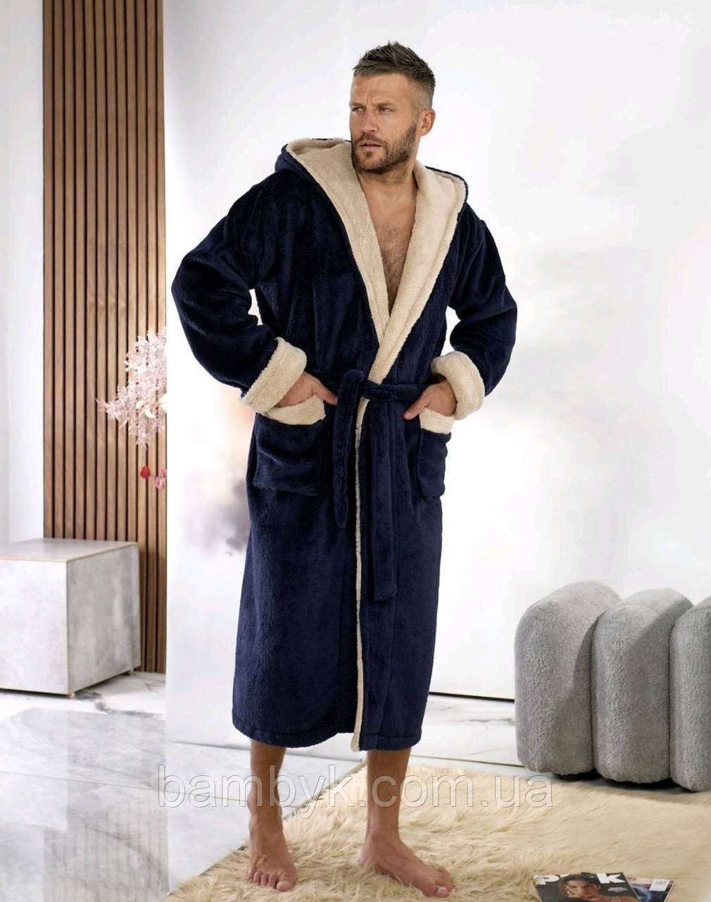 Теплий махровий халат з капюшоном чоловічий мікрофібра довгий Bellezza