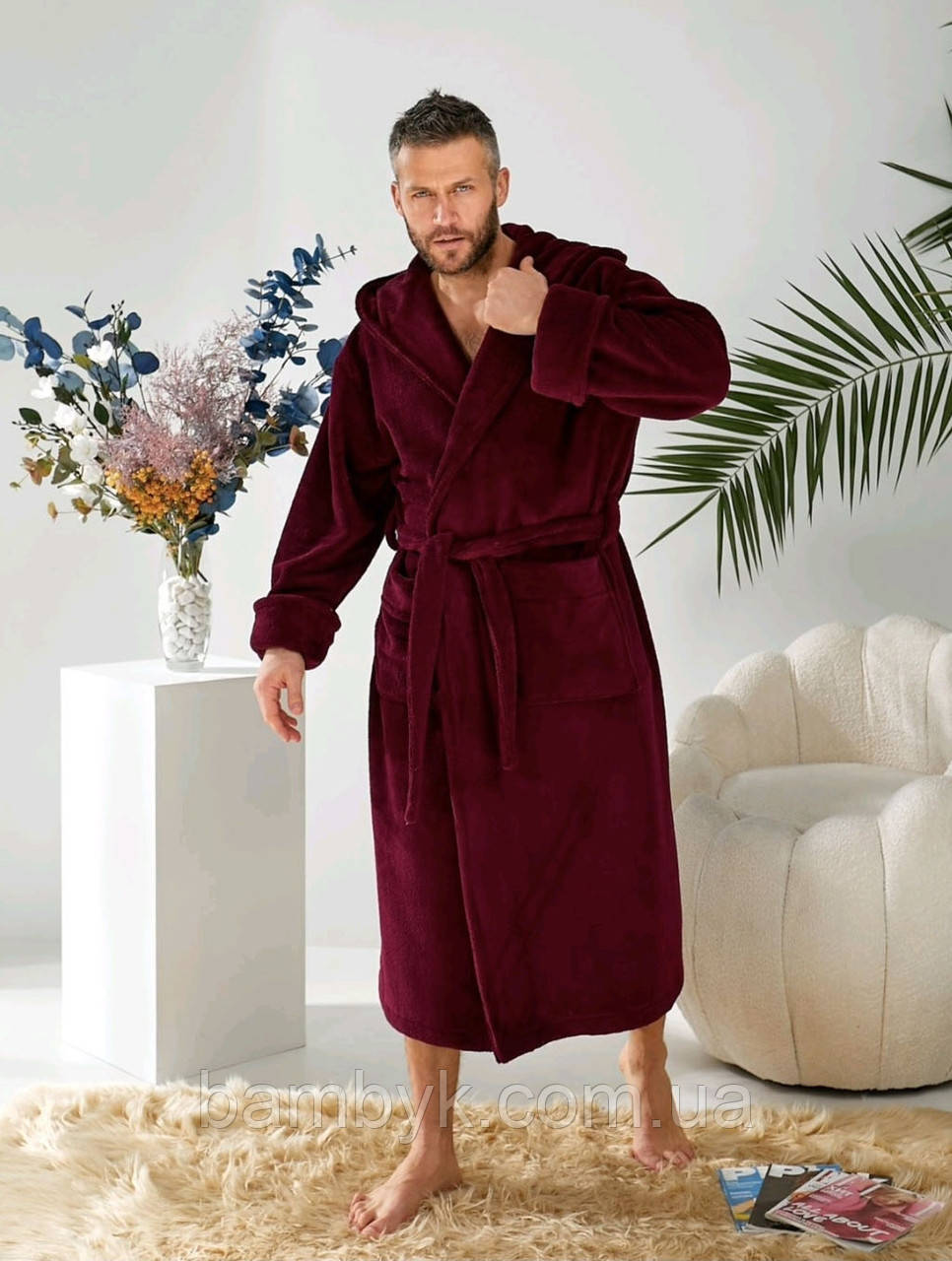 Теплий махровий халат з капюшоном чоловічий мікрофібра довгий Bellezza