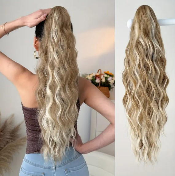 Штучний хвіст хвилястий шиньйон на крабі з утяжкою світло русявий міліруваний 61 см, фото 1