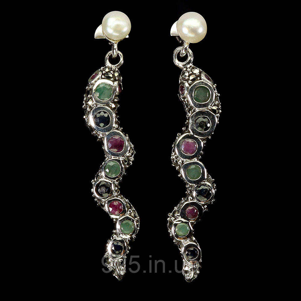Сережки. Натуральний рубін, смарагд, марказит, перл і сапфір. Срібло 925., фото 1