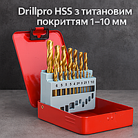 Набір свердел Drillpro HSS з титановим покриттям 1–10 мм для дерева та металу