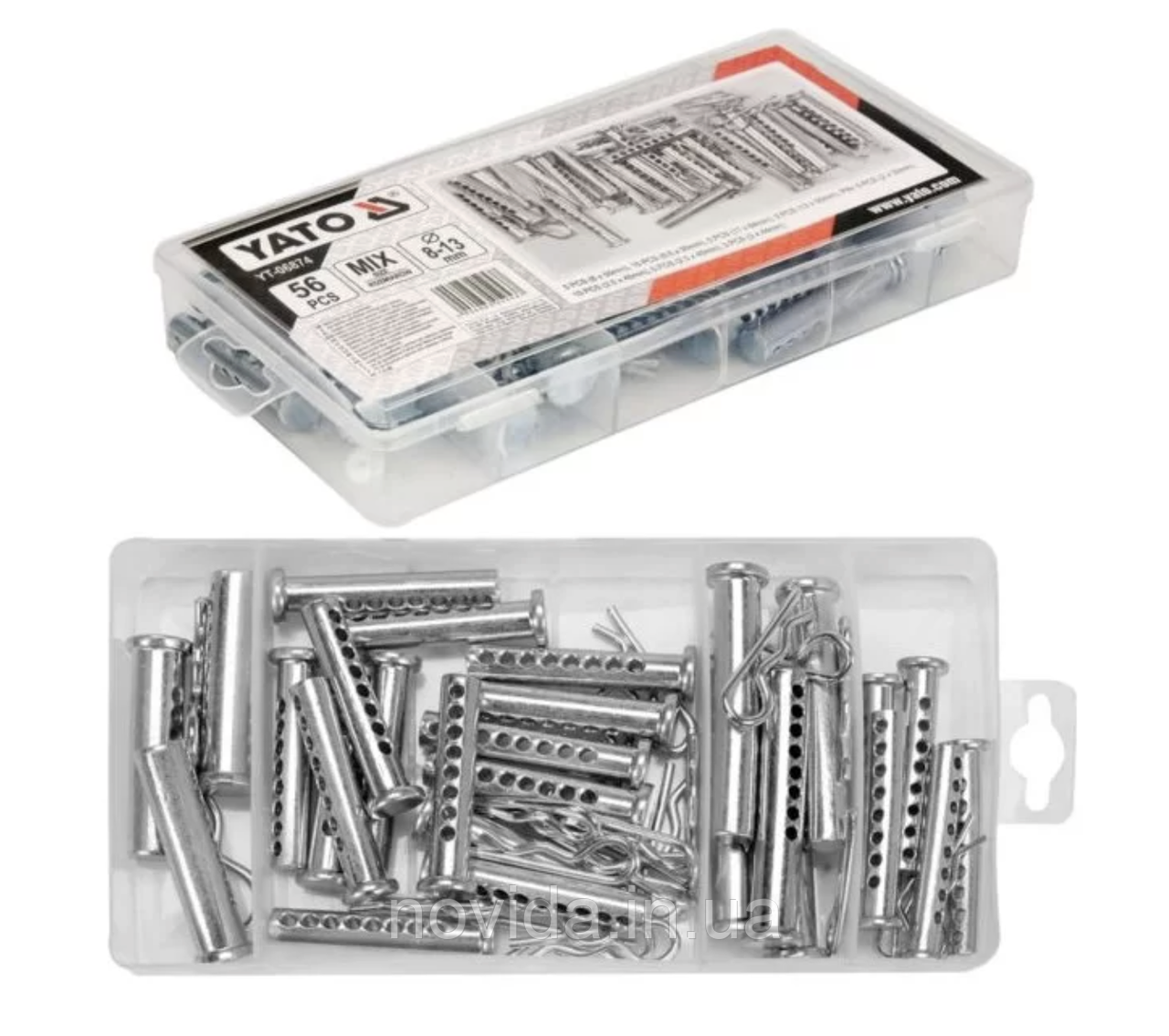 Шплінти та штифти різних розмірів YATO: Ø=8-13 мм, l=30-64 мм, набір 56 шт