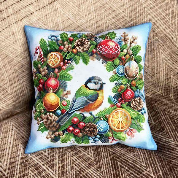 Наволочка декоративна "Новорічний вінок з пташкою" для вишивки (НД-231), фото 1