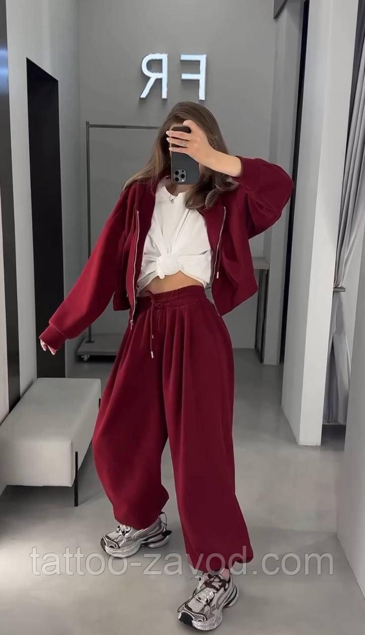 Повсякденний костюм жіночий кофта на блискавці з капюшоном і штани прямого крою двонитка 42-44 44-46, фото 1