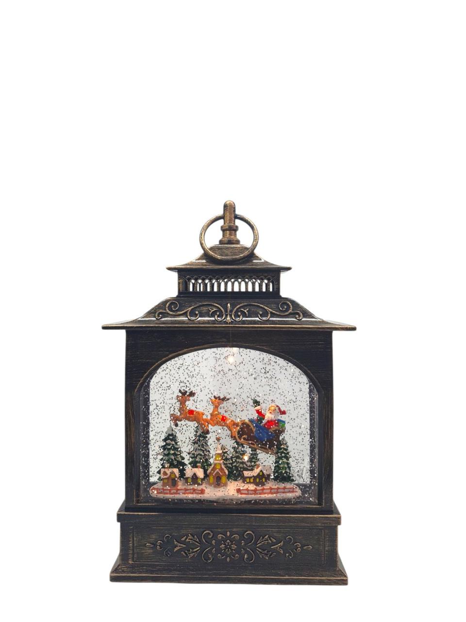 Ліхтар Новорічний Санта з оленями з LED, USB, музикою та сніжним ефектом 28 см, фото 1