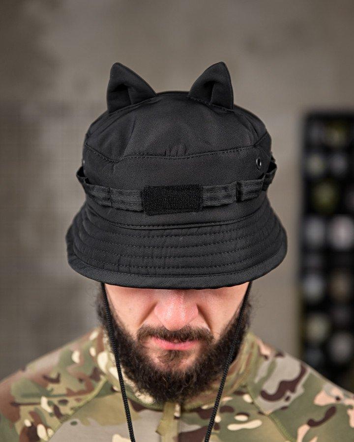 Тактична панама з вушками Чорна  Softshell (липучка під шеврон)