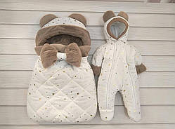 Теплий комплект для новонароджених, молочний + капучино з глітером зірки