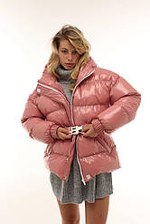 Жіночий теплий пуховик оверсайз з капюшоном та поясом Gm2769