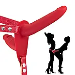 Подвійний страпон з вібрацією Fetish Tentation Vibrating Strap-On with Double Dildo Red, USB кабель у комплекті, фото 5
