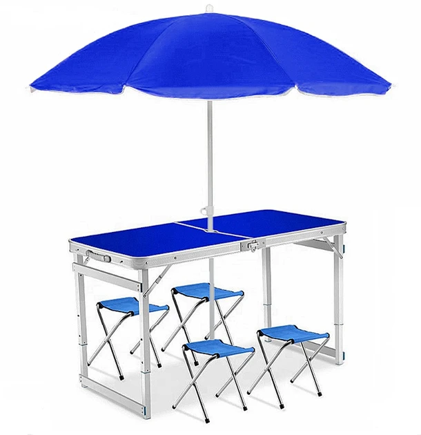 Стіл посилений розкладний з парасолькою і чотирма стільцями для рибалки та пікніка синій, фото 1