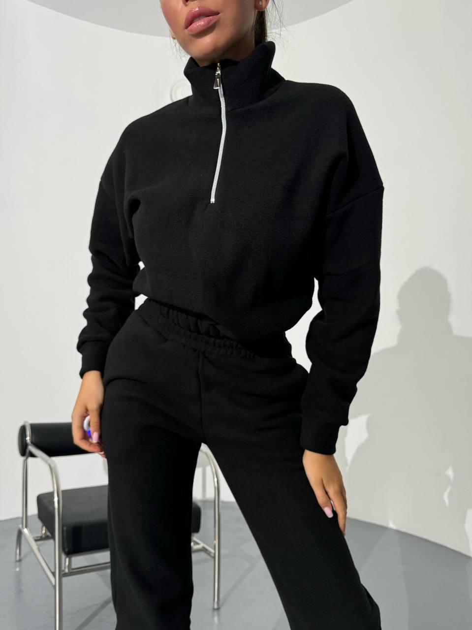 Чорний жіночий теплий костюм із щільного двостороннього флісу: Штани та Кофта з коміром на блискавці, фото 1