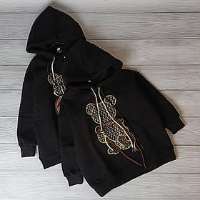 Чорна тепла кофта худі з капюшоном із принтом ведмедики