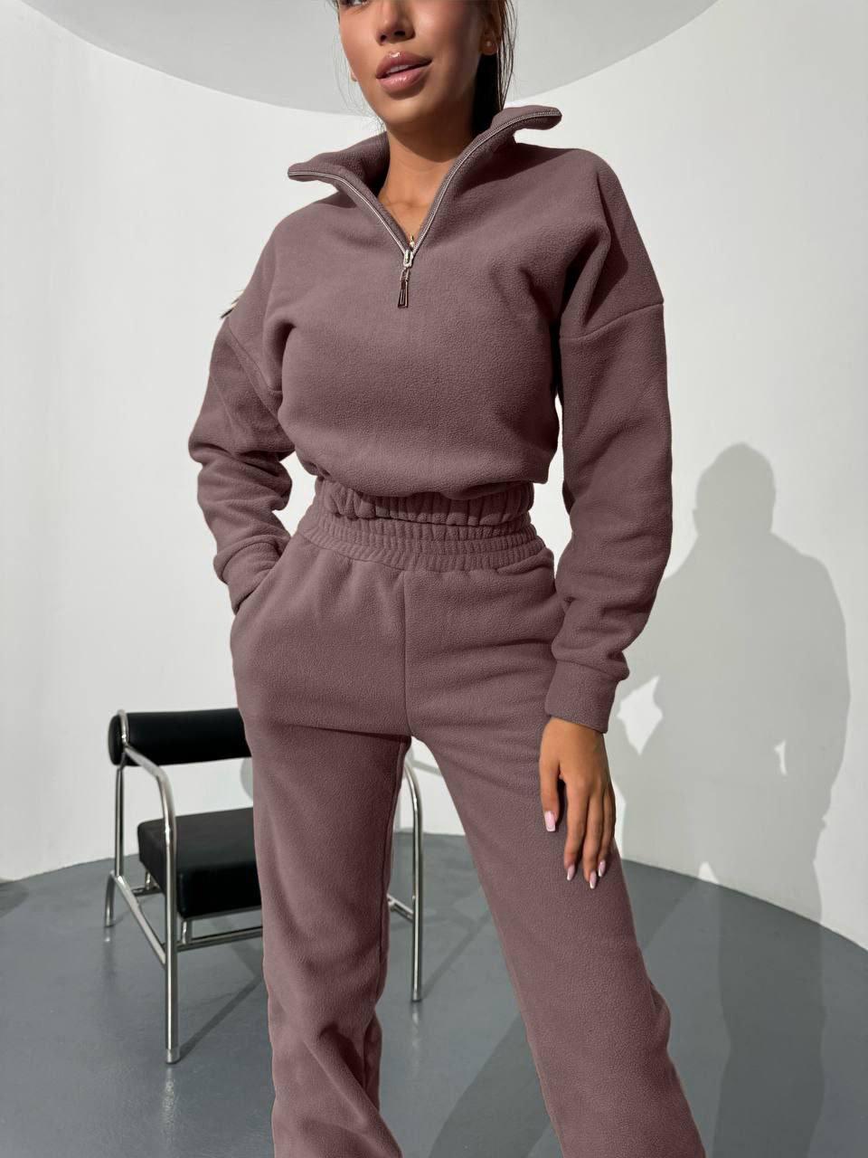 Жіночий теплий костюм із щільного двостороннього флісу: Штани та Кофта з коміром на блискавці Колір Мокко, фото 1