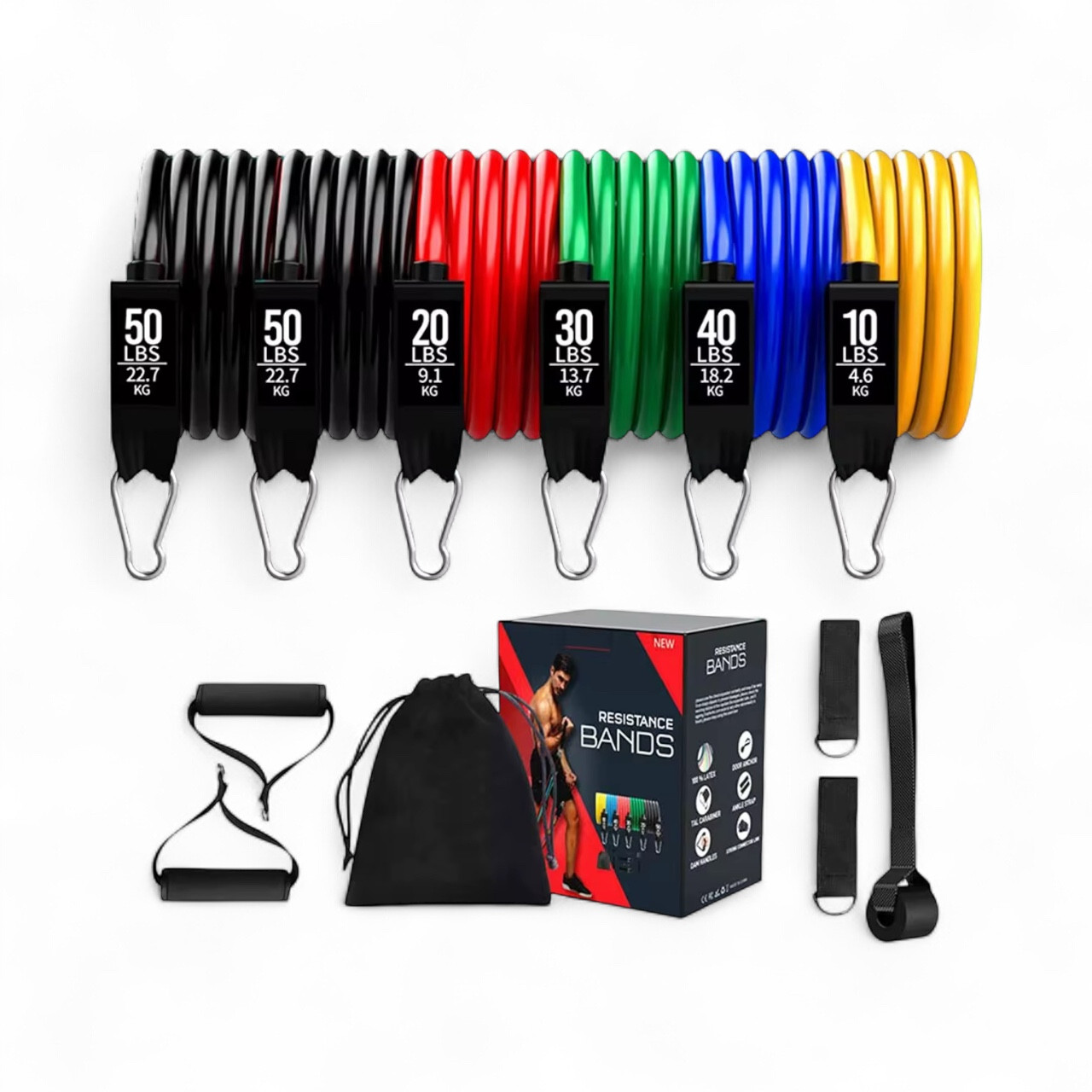 Набір еспандерів трубчастих з ручками та кріпленнями (5 шт, 4,5–22,7 кг) + мішок