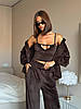 Коричневий жіночий повсякденний велюровий костюм-трійка: вільні Штани та Кофта на блискавці з капюшоном + Топ, фото 4