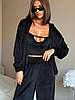 Чорний жіночий повсякденний велюровий костюм-трійка: вільні Штани та Кофта на блискавці з капюшоном + Топ, фото 4