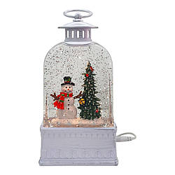 Ліхтар Новорічний Сніговик з ялинкою з LED, USB, музикою та сніжним ефектом 21 см