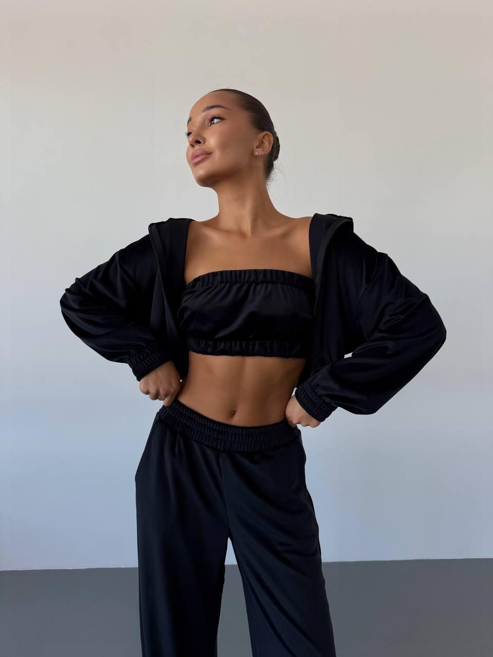 Чорний жіночий стильний та комфортний повсякденний костюм 3-ка трикотаж велюр: Штани + Кофта на блискавці + Топ, фото 1