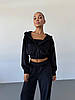 Чорний жіночий стильний та комфортний повсякденний костюм 3-ка трикотаж велюр: Штани + Кофта на блискавці + Топ, фото 3