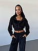Чорний жіночий стильний та комфортний повсякденний костюм 3-ка трикотаж велюр: Штани + Кофта на блискавці + Топ, фото 7