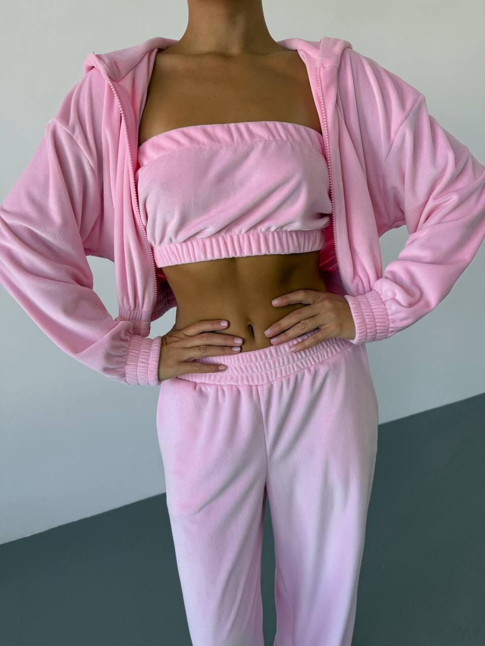 Рожевий жіночий стильний та комфортний повсякденний костюм 3-ка трикотаж велюр: Штани + Кофта на блискавці + Топ, фото 1