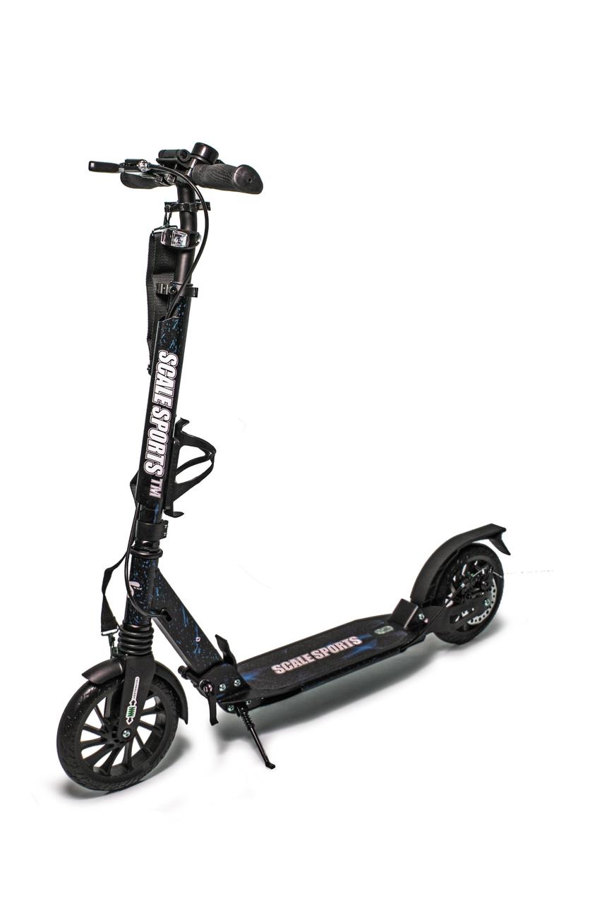 Самокат Scale Sports SS-30 + ліхтарик + дзвіночок + ремінь. Дискові гальма. 2 амортизатори. Чорно-синій, фото 1