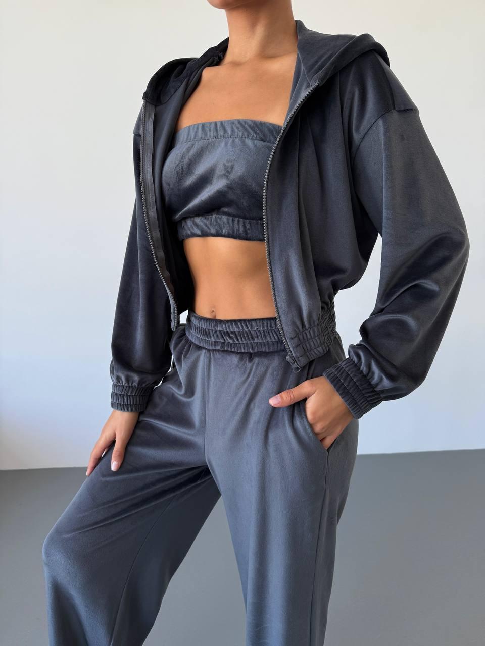 Графітовий жіночий стильний та комфортний повсякденний костюм 3-ка трикотаж велюр: Штани + Кофта на блискавці + Топ, фото 1
