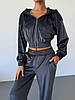 Графітовий жіночий стильний та комфортний повсякденний костюм 3-ка трикотаж велюр: Штани + Кофта на блискавці + Топ, фото 6