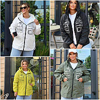 Жіноча подовжена демісезонна куртка з написами батал: 48-50, 52-54, 56-58 - молочний, хакі, чорний, хакі