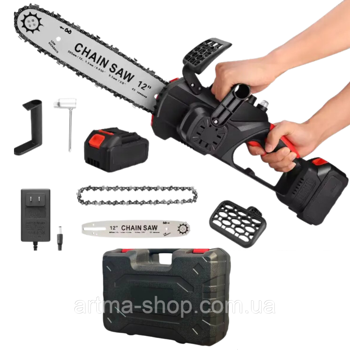 Акумуляторна ланцюгова пилка 12 дюймів з двома акумуляторами в кейсі 48V та автоматичній подачі олії